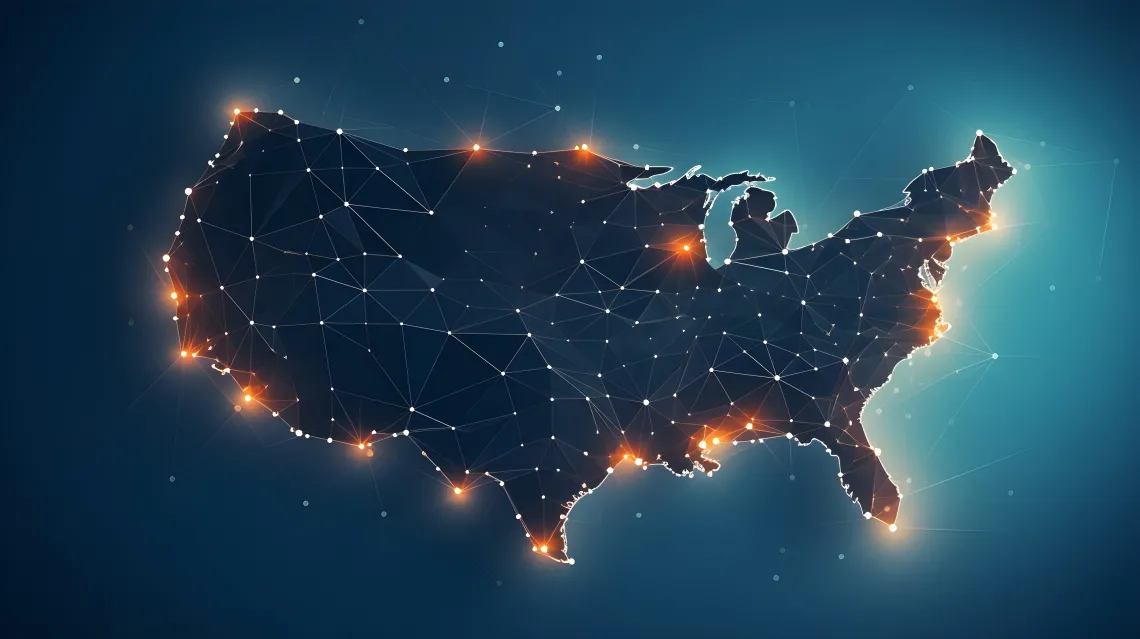 Map of the United States showing network connections