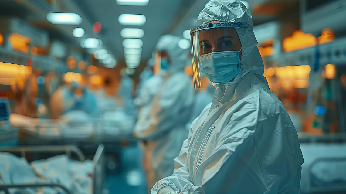 Female doctor in hazmat suit interacting with colleagues and patients in hospital ward